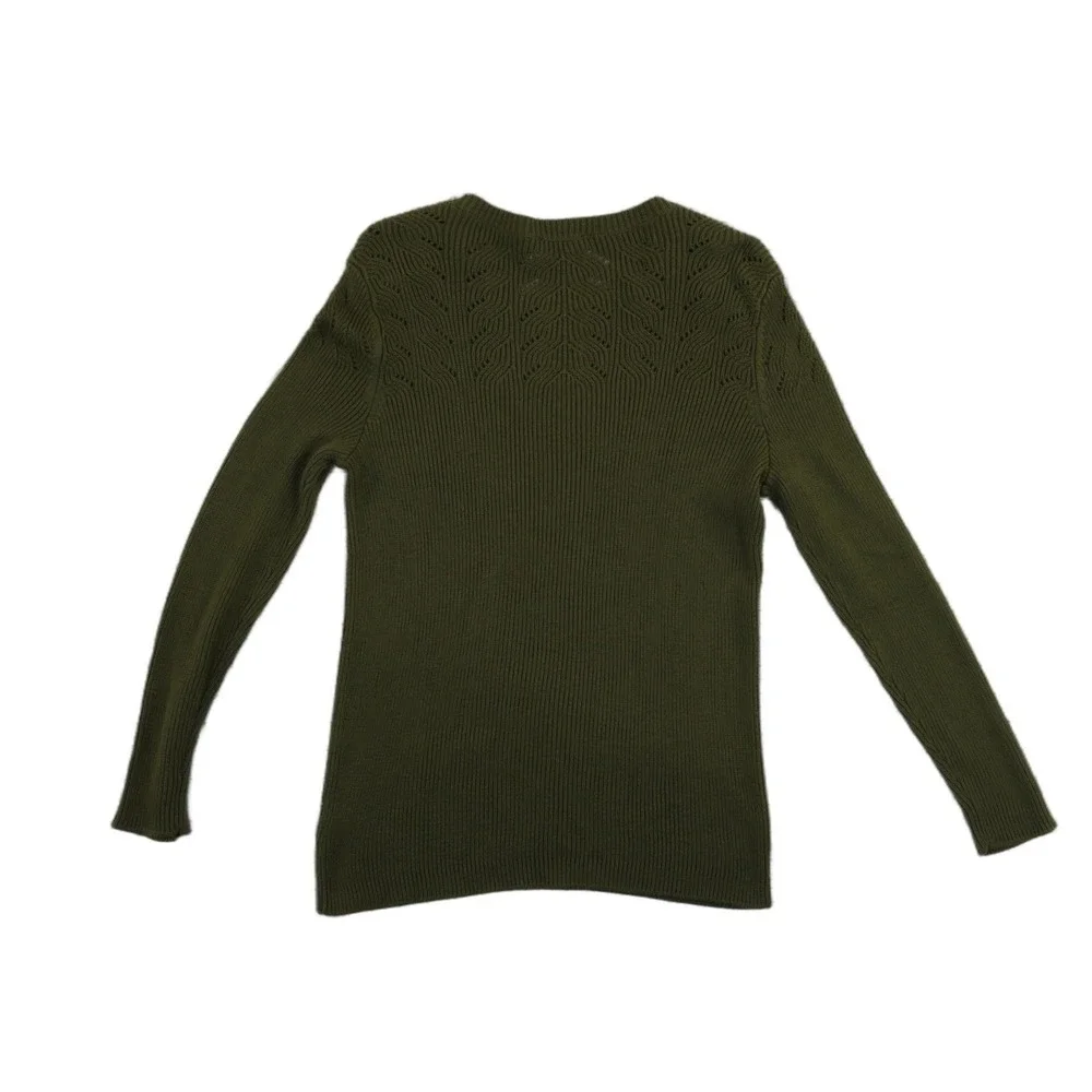 Talbots Sweater Women's Size Medium Petite Olive Green Pointelle Gold Buttons‎